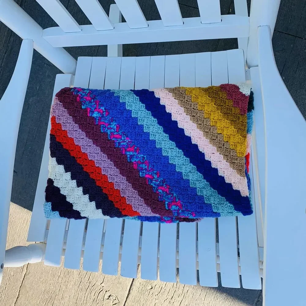 Vintage Crocheted Afghan Granny Lap Blanket Multi Colorful 30”x40”. EUC